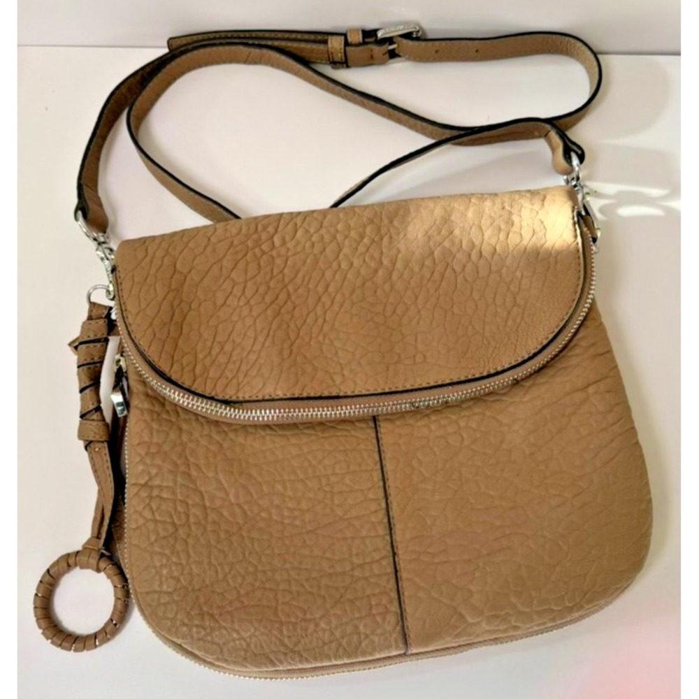 Vince Camuto Taupe Pebbled Leather Crossbody Saddle Bag Flap Zip Silver Hardware
